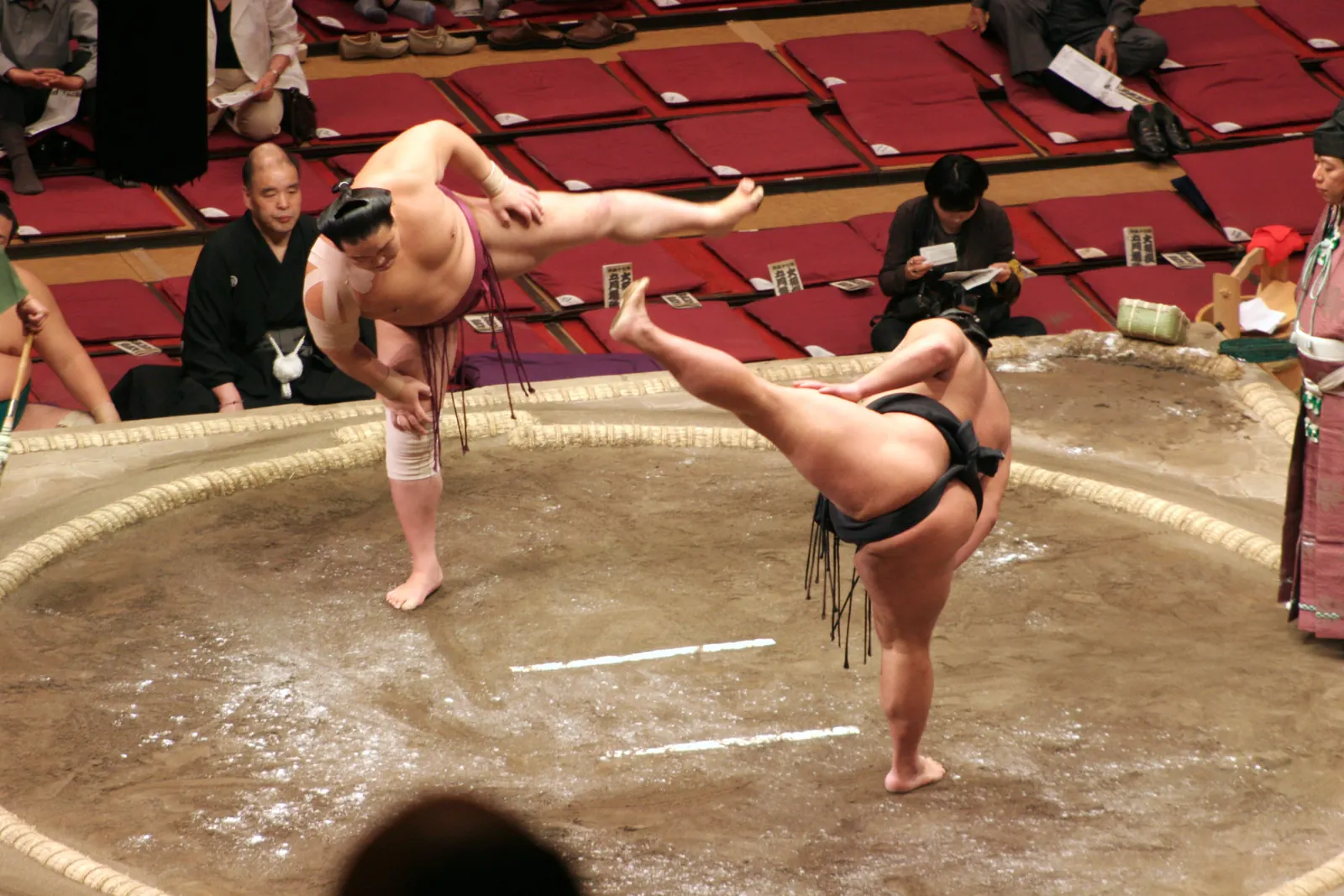 Due lottatori di sumo in equilibrio ciascuno su una gamba con l'altra sollevata, in un ring davanti a seggi rossi